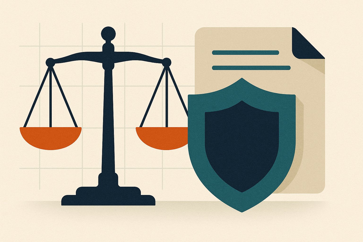 Illustration of scales of justice and a shield over a legal document.