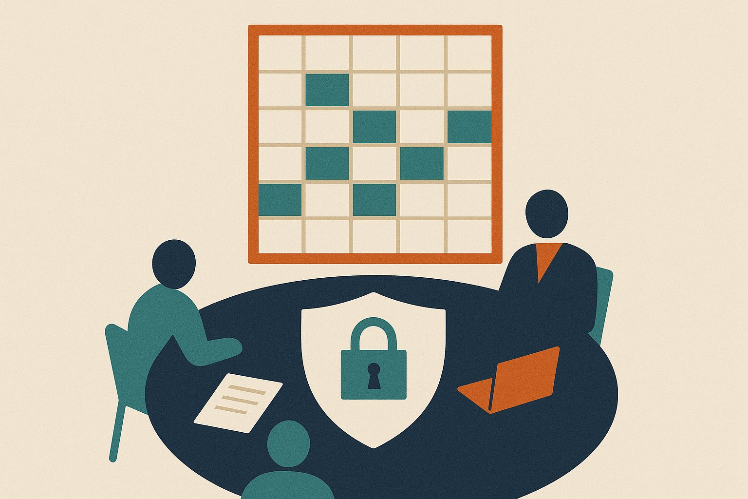 Illustration of a conference table and a rising framework scorecard grid.