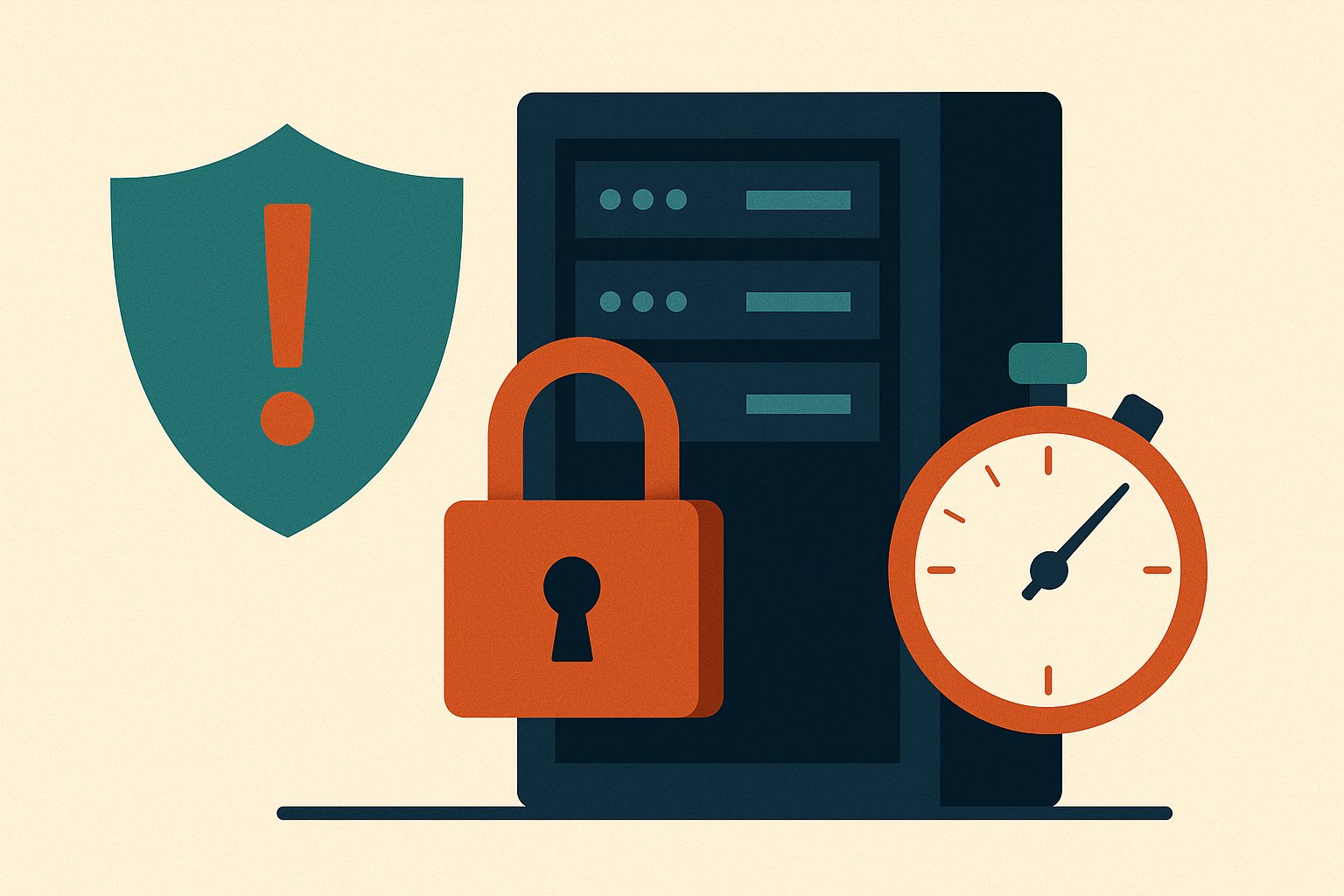 Illustration of a padlocked server rack with a countdown, a ransomware readiness drill.